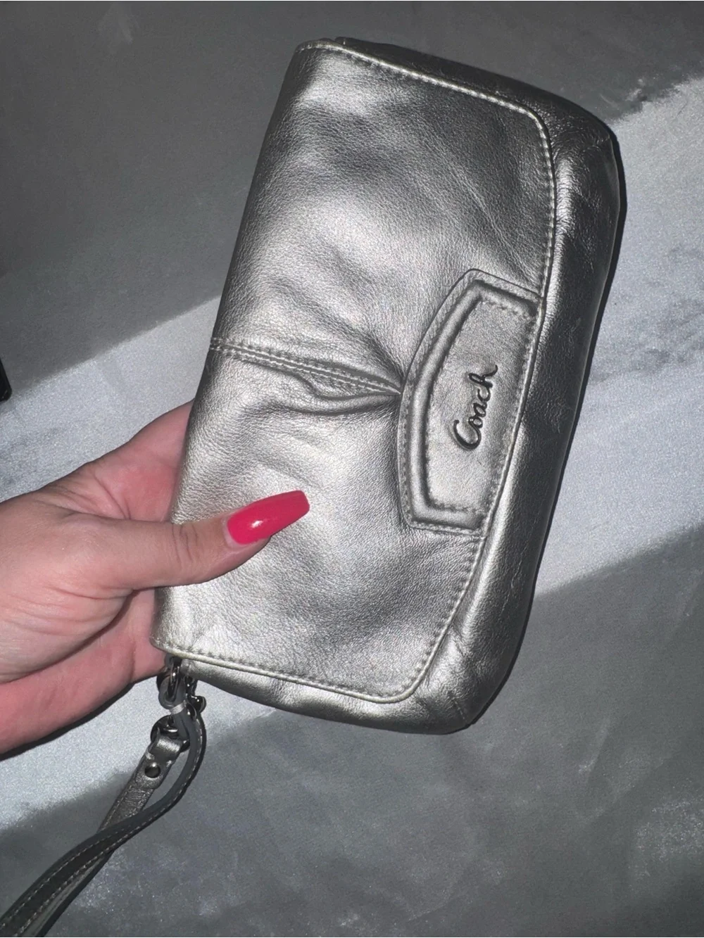 Coach Metallic Silver Leather Wristlet Clutch